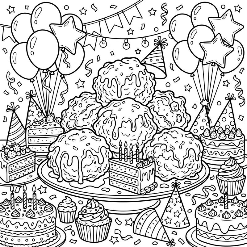 Get ready to celebrate with this fun coloring page featuring delicious apple fritters as the star of a lively birthday party. It's packed with festive details like cakes, balloons, and confetti, perfect for bringing a smile to any artist's face.