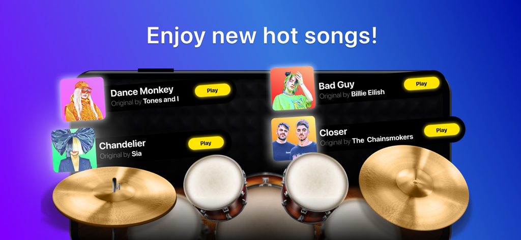 A virtual drum kit interface featuring popular songs to play like Bad Guy and Dance Monkey.
