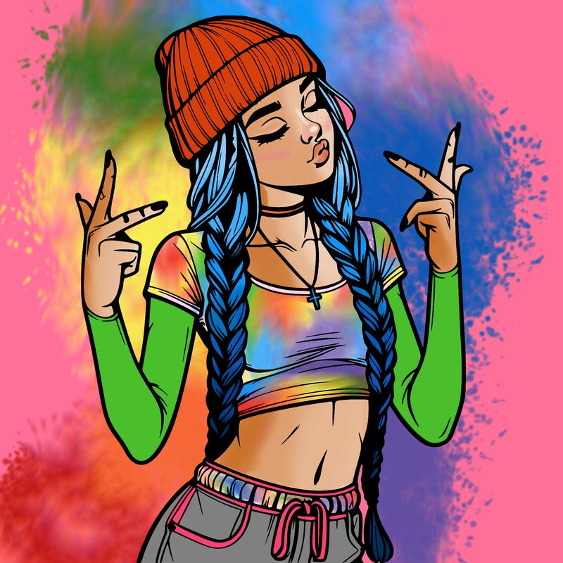 realistic teenage girl with braids and a beanie and crop top doing 🫶🏼