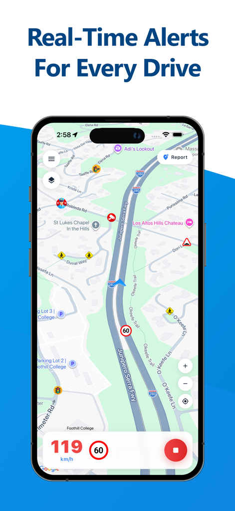 Speed Camera - Radar - Mobile navigation map displaying speed camera locations and real-time driving speed