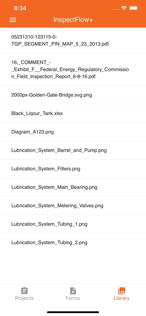 Schermata della libreria dell'app InspectFlow plus che mostra un elenco di rapporti di ispezione e diagrammi di asset.