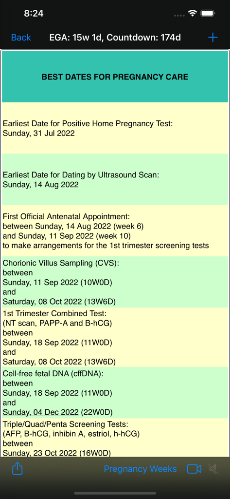 iFetal Pro - iFetal Pro app screen displaying a list of recommended dates for prenatal screenings and appointments