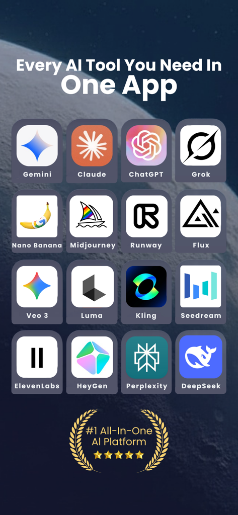 A mobile app interface displaying a grid of integrated AI icons including ChatGPT, Claude, Midjourney, and Gemini under the headline Every AI Tool You Need In One App.