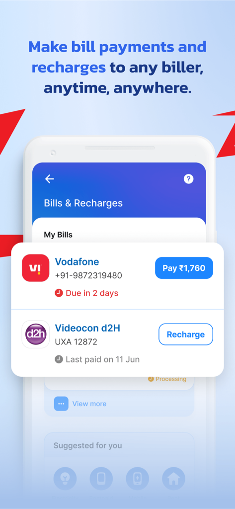 PayZapp mobile app screen displaying the Bills and Recharges interface for Indian utility payments like mobile and DTH.