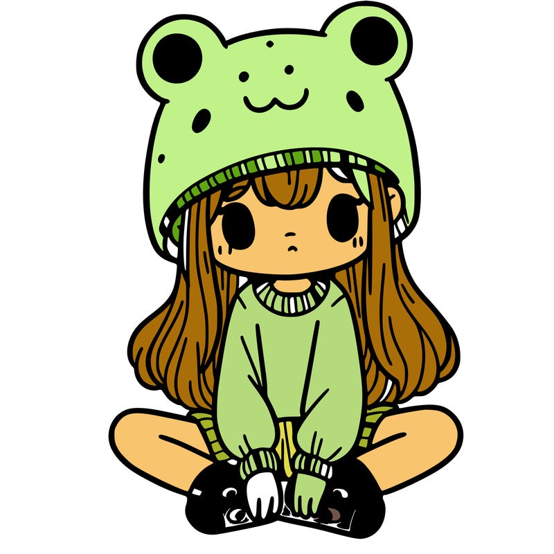 a girl wearing a frog hat and some frog socks