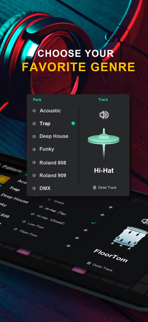 Drum Machine - Beat Groove Pad - Interfaz de la app Drum Machine mostrando un menú para elegir géneros musicales, incluyendo Trap y Roland 808.