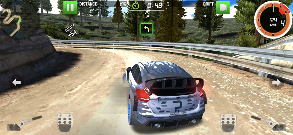 Rally Racer Dirt - A rally car performs a high-speed drift on a dirt track in the Rally Racer Dirt mobile game.