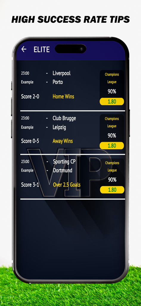 SuperTips app interface showing elite VIP betting tips with high success rates for Champions League football matches