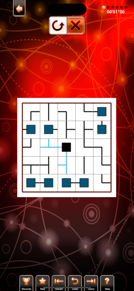 PuzzleManiak - Interfaz de la aplicación móvil PuzzleManiak que muestra un juego de lógica basado en cuadrícula con líneas y cuadrados conectándose sobre un fondo rojo.