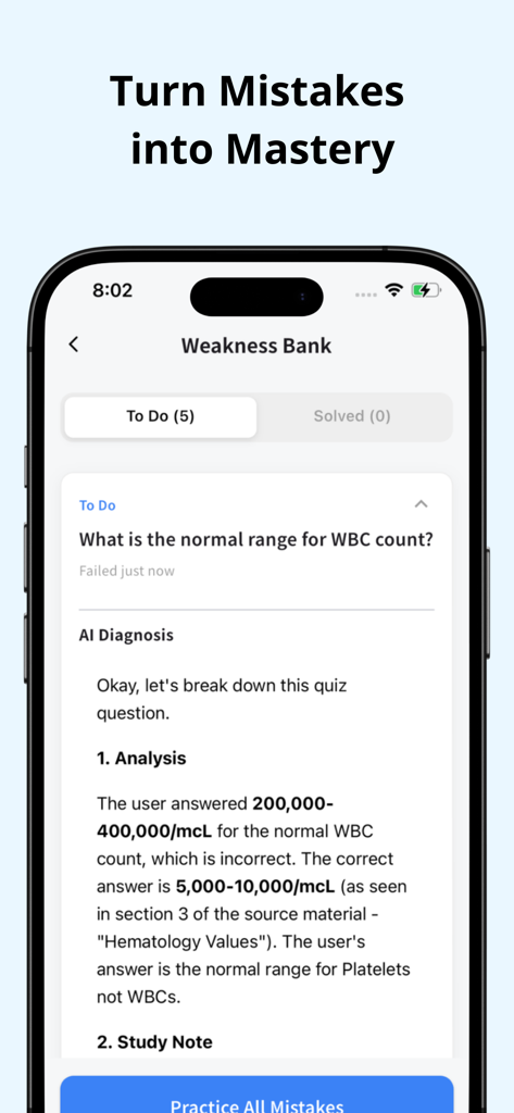 AI Quiz Generator - DeepStudy - DeepStudy app Weakness Bank screen showing AI diagnosis and analysis of quiz mistakes for active recall.