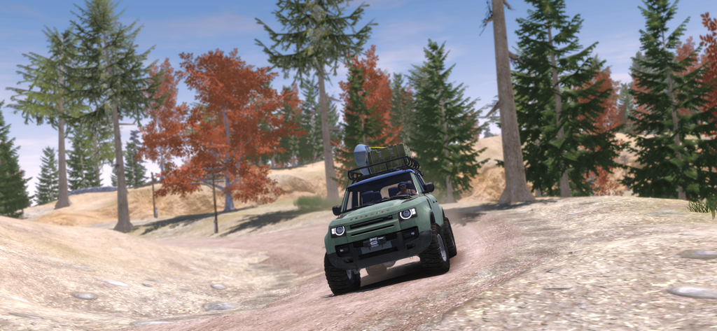 Offroad Masters: 4x4 Simulator - Green 4x4 SUV driving on a dirt trail in a forest environment.