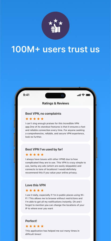 スマートフォンの画面に、VPN Super Unlimited Proxyアプリの肯定的なユーザーレビューと5つ星評価が表示されている。