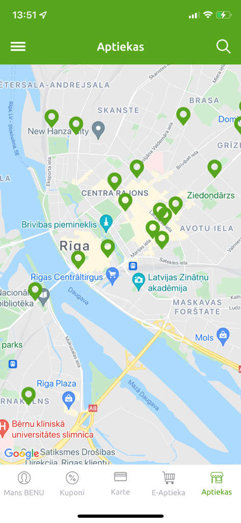 BENU Aptieka - Map interface showing BENU pharmacy locations in Riga within the app