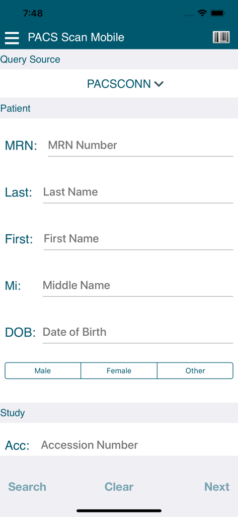 Patient search screen in the PACS Scan Mobile app with fields for MRN, name, date of birth, and gender selection.