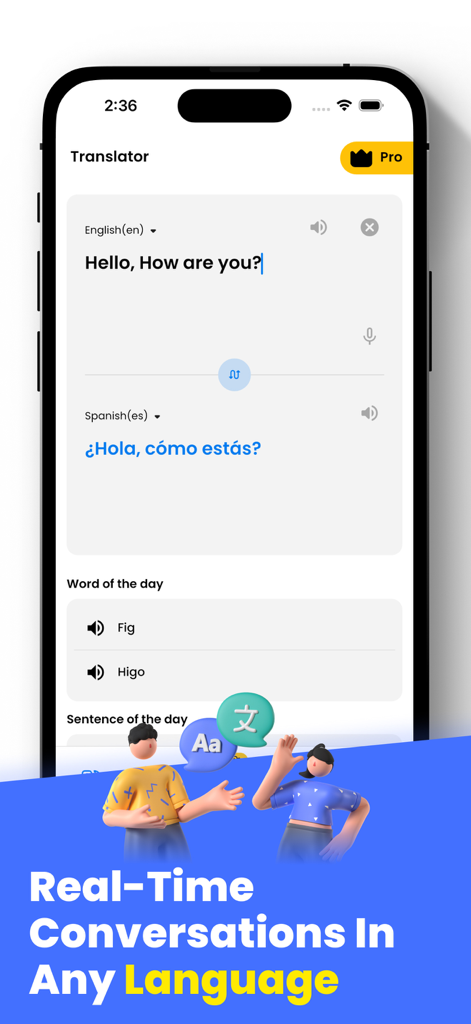 AI Translator Camera and Voice app interface showing English to Spanish translation and real-time conversation features