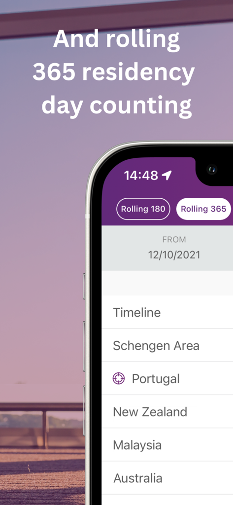 TrackingDays app screen showing rolling 365 residency day counting for international travel tracking