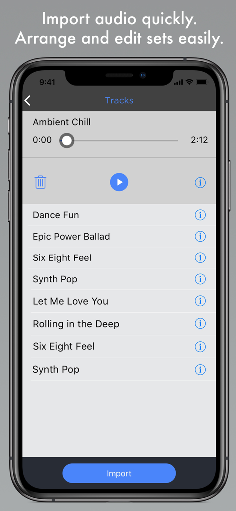 ShowOne - Pro Backing Tracks - ShowOne app tracks screen displaying a list of audio files and an import button for live setlists.