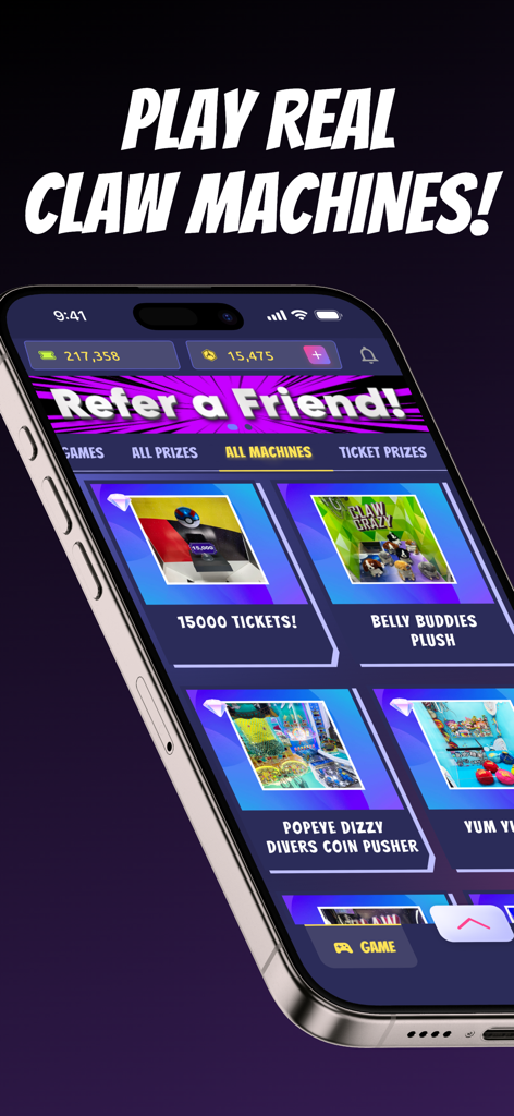 ClawCrazy - Claw Machine Games - ClawCrazy mobile app screen showing a list of real claw machines and coin pusher games