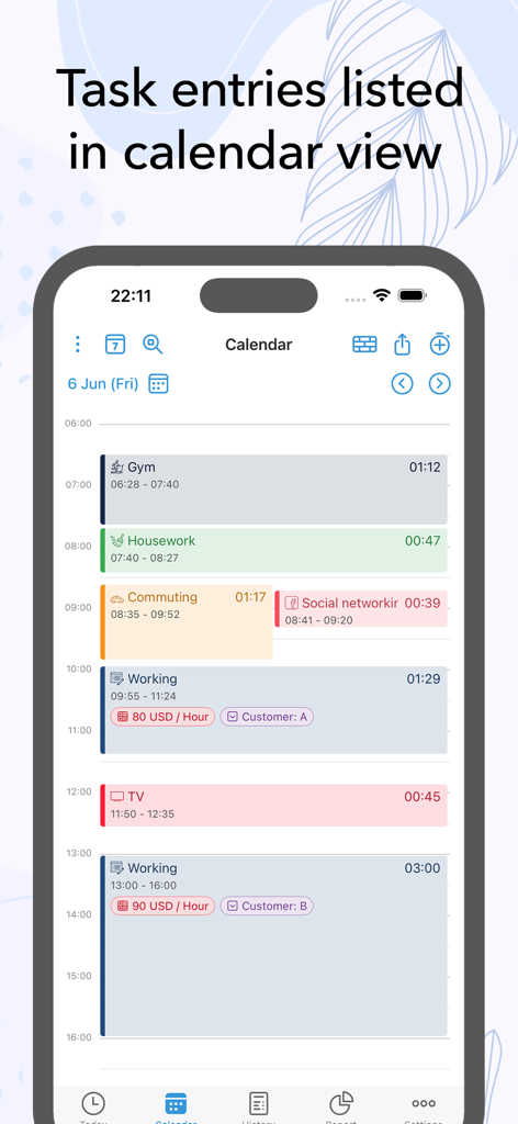 ATracker Time Tracker - ATracker app interface displaying a daily schedule with color coded task entries in a calendar view
