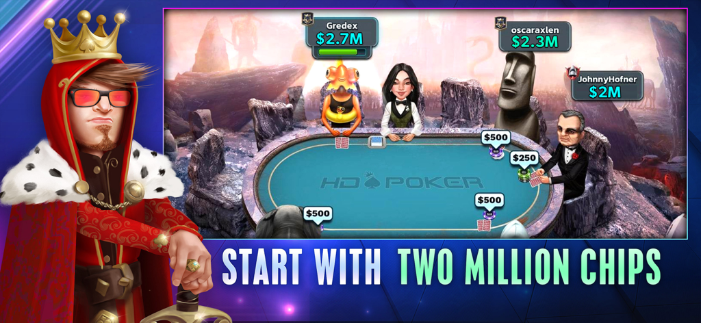HD Poker: Texas Holdem - HD Poker gameplay screen showing unique avatars at a poker table with a two million chips welcome offer