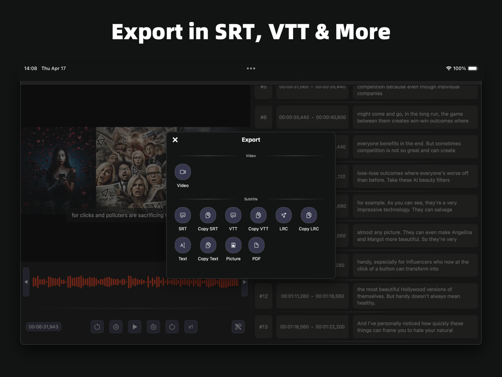 The export menu of SubEasy showing options for SRT VTT and LRC subtitle formats