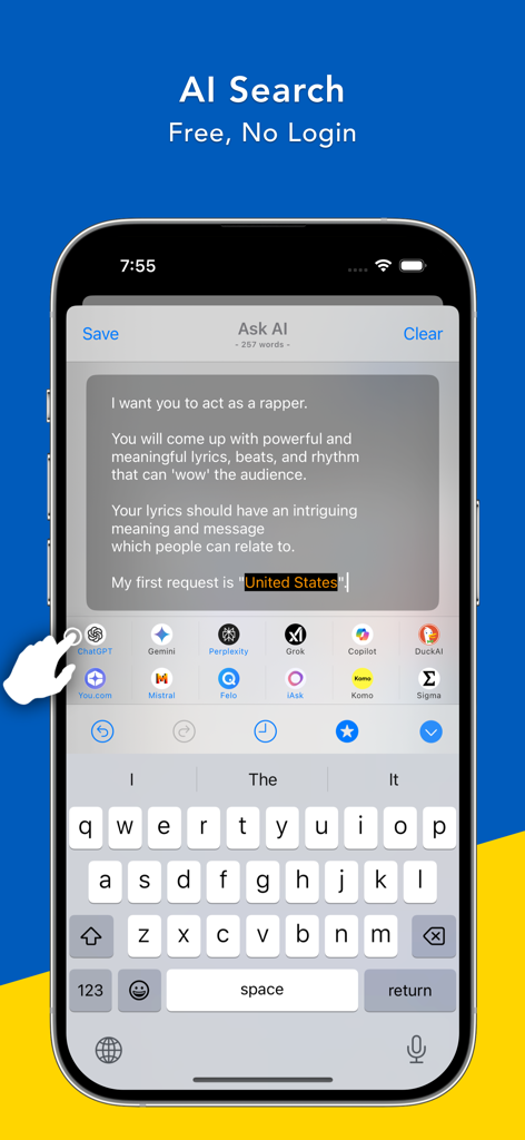 Search Ace - AI Browser - Search Ace AI Browser interface showing multiple AI models for free search without login.