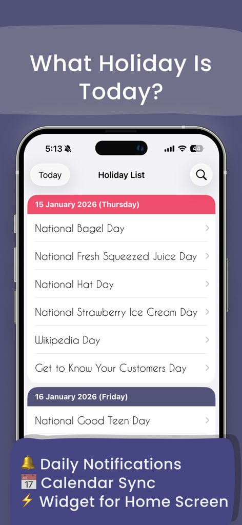 National Holiday Today - Screenshot of the National Holiday Today app displaying a list of daily holidays and key features like calendar sync and home screen widgets