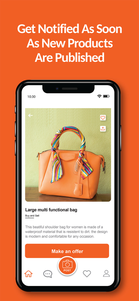La Subasta: Latino Marketplace - A product listing for an orange handbag on the La Subasta Latino Marketplace mobile app