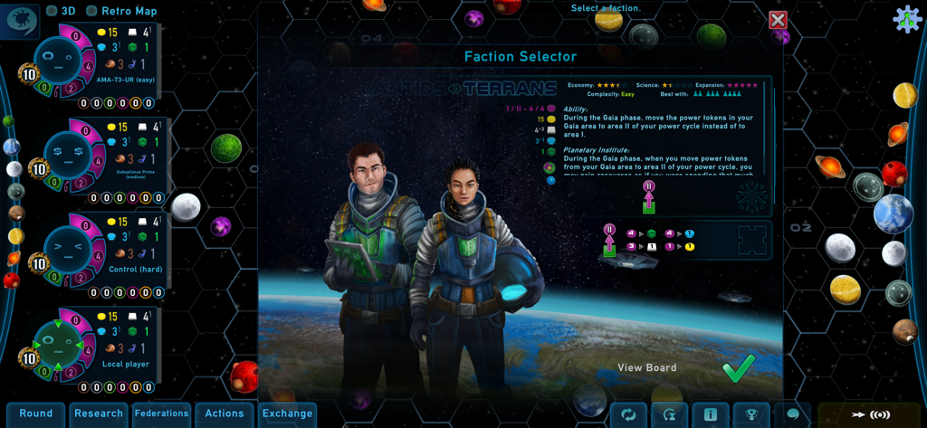 Gaia Project - Gaia Project faction selection screen for the Terrans featuring character art and game stats
