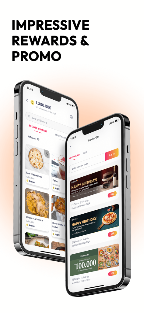 ISMAYA+ - ISMAYA plus app screens showing exclusive food rewards and birthday vouchers.