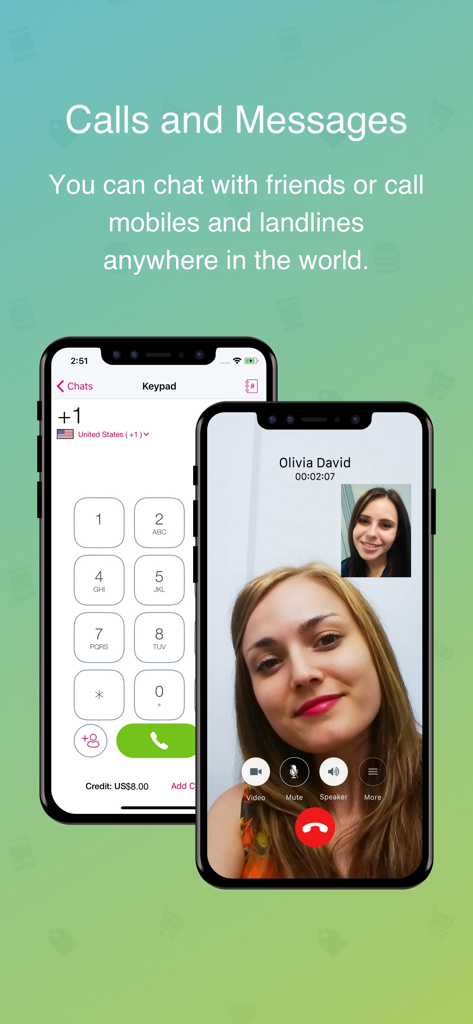 Dos iPhones mostrando el teclado de llamadas globales de WowApp y una interfaz de videollamada en vivo