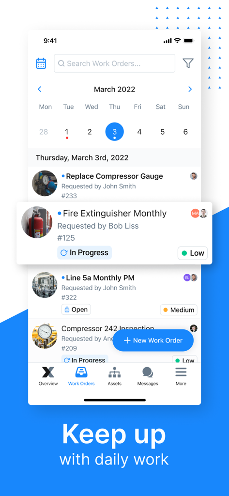 MaintainX Work Orders - Ansicht der MaintainX Mobile App mit einer Liste von täglichen Wartungsaufträgen und einer Kalenderansicht