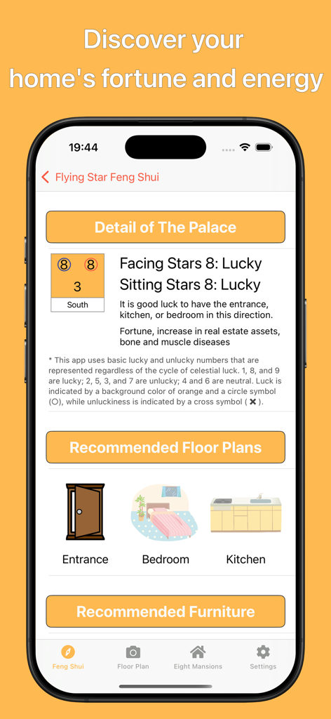 A mobile app screen displaying a detailed Feng Shui analysis for home energy with recommended floor plans and lucky directions.