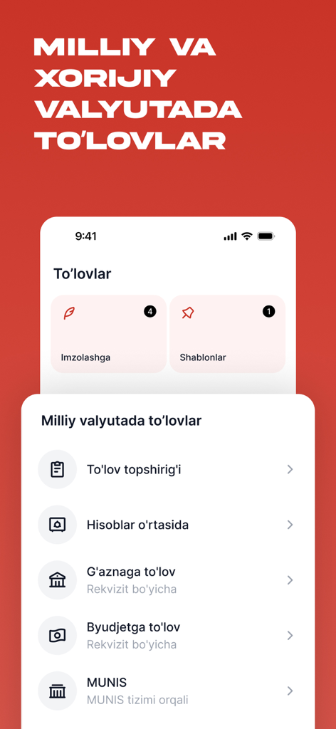 Biznes 24/7 - Interface de l'application mobile Biznes 24/7 montrant les options de paiement professionnel en ouzbek