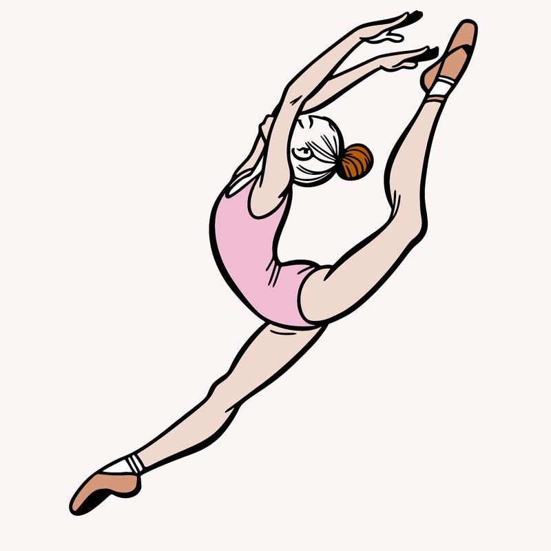 gymnast doing a leap in a leotard with a bent back leg
