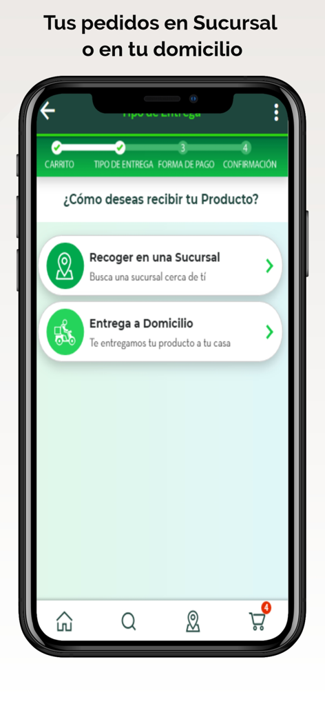 Farmacias del Ahorro Honduras - ホンジュラスでの薬局での受け取りまたは自宅配送のオプションを示すモバイルアプリインターフェース。