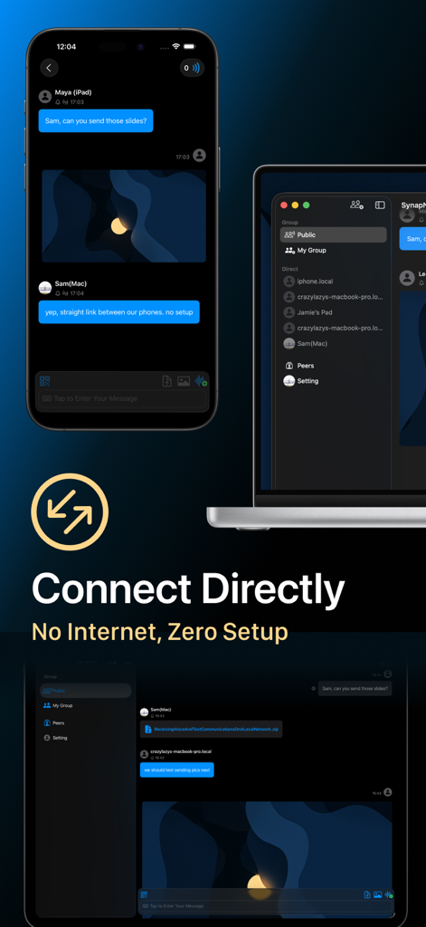 SynapNet - Offline Messenger - SynapNet app showing direct offline messaging between iPhone and Mac