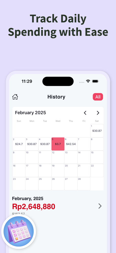 TripWise app history screen showing daily spending amounts on a calendar grid