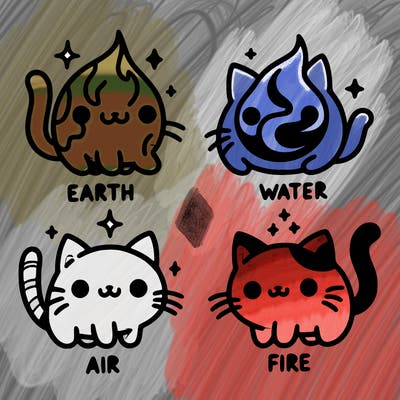 4 cats that represent the different elements, earth, water, air, and fire