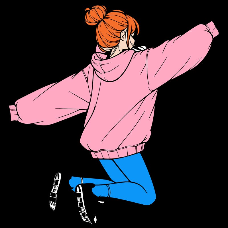 realistic girl jumping with a bun and oversized sweatshirt