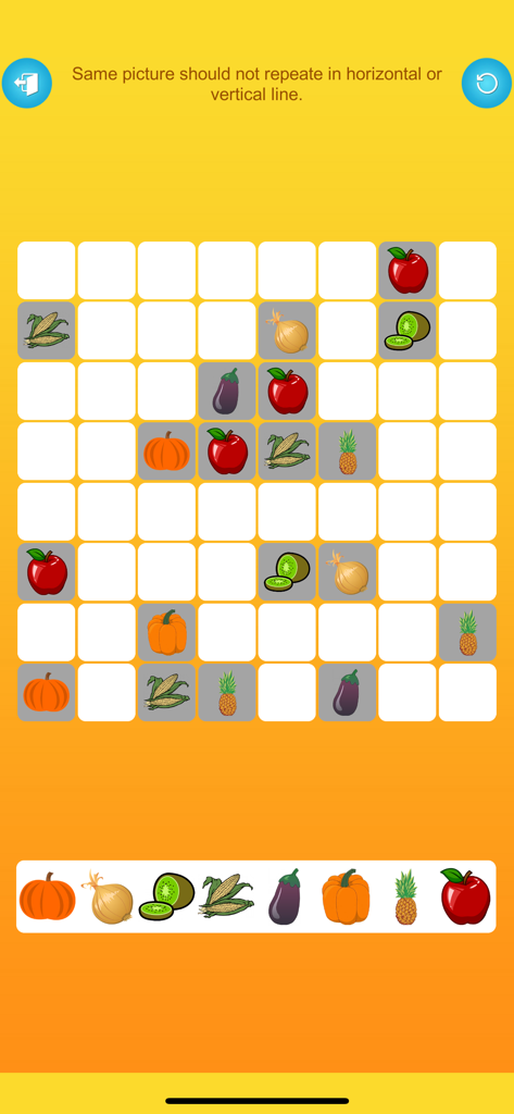 Brain Puzzle with Pictures - Uma grade de quebra-cabeça de lógica 8x8 com ícones de frutas e vegetais, incluindo maçãs e abóboras.