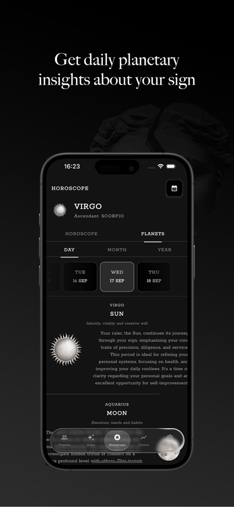 Interface de l'application Astraia Astrology affichant les aperçus planétaires quotidiens pour les signes Solaires et Lunaires.