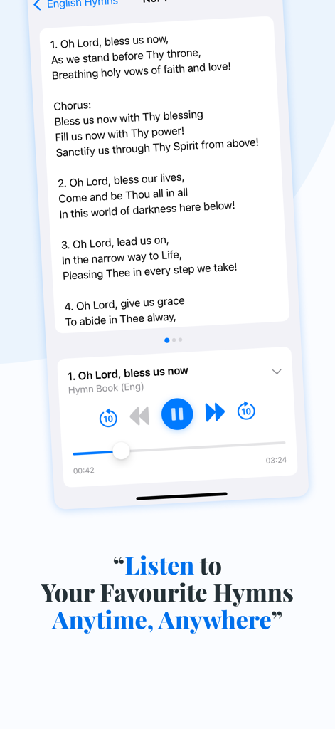 Bildschirm der mobilen pfingstlichen Hymnen-App mit Hymnentexten und einem Audioplayer