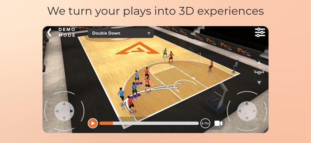 FastReps - FastReps mobile app interface showing a 3D basketball play simulation on a virtual court