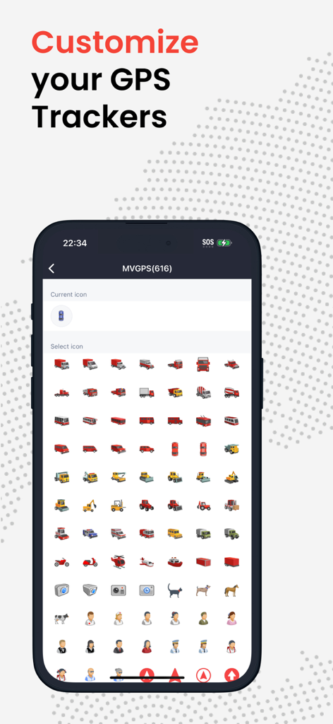 Pantalla de smartphone mostrando varias opciones de iconos para personalizar los rastreadores GPS
