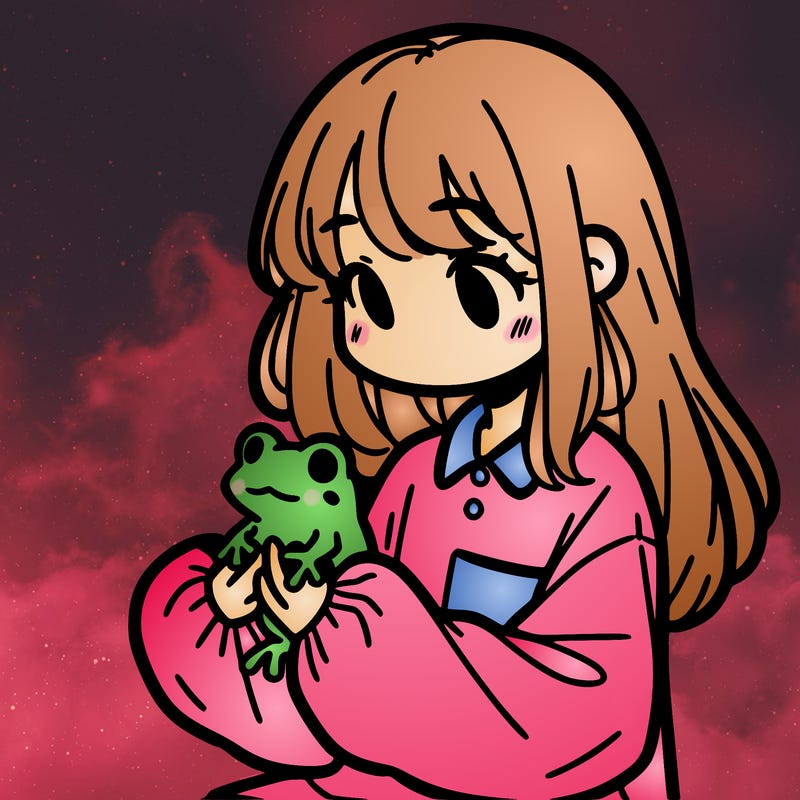 girl with long hair and a oversized shirt. and she is holding a frog