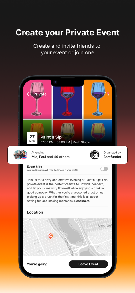 Connect App - Events Nearby - Connect App mobile interface displaying a private Paint and Sip event page with date, location map, and attendee list.