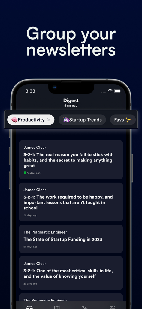 Screenshot of Newsletter Reader by Meco showing newsletters organized into categories like Productivity and Startup Trends
