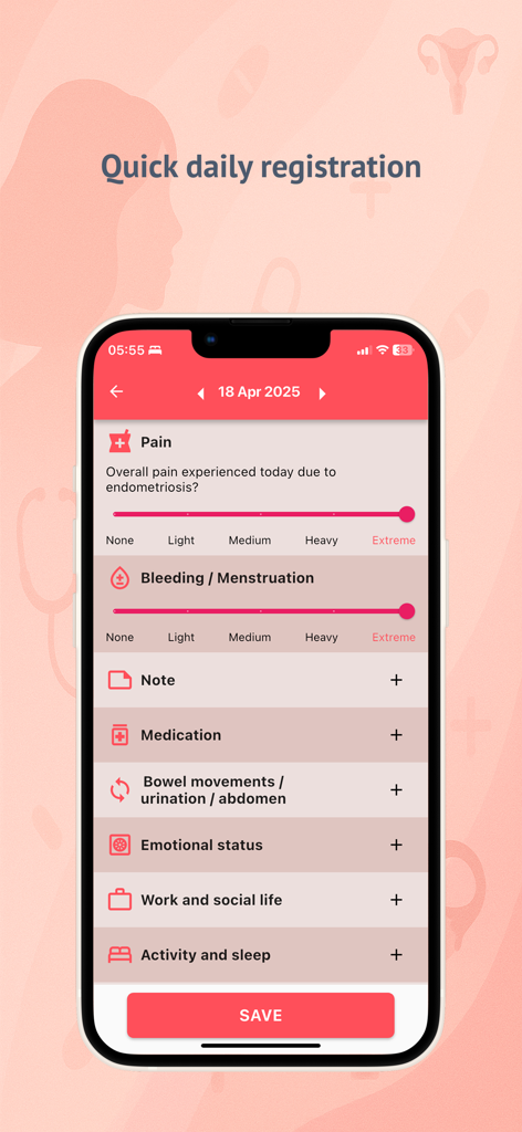 Endometriosis Diary App - Symptom tracking screen in the Endometriosis Diary app for recording daily pain and bleeding levels.