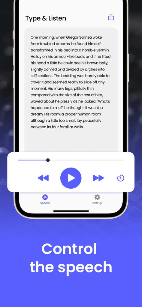 Tpeech: Read Text Aloud & TTS - Tpeech mobile app interface showing text to speech playback controls for reading text aloud.